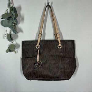 Michael Kors Dark Brown MK Logo Tote with Beige Straps
